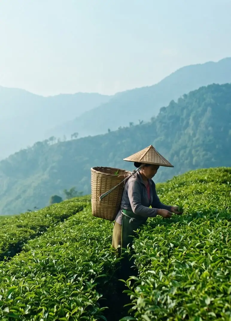 A tea picker working the plantation rows of a Northeast India estate